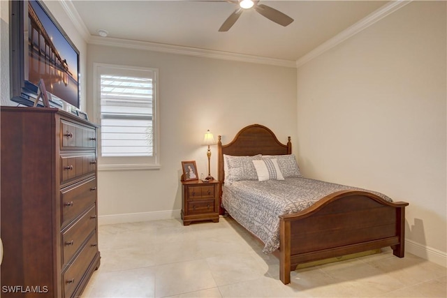 bedroom with light tile patterned flooring, ceiling fan, and ornamental molding