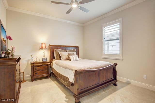 bedroom featuring crown molding, light tile patterned floors, and ceiling fan