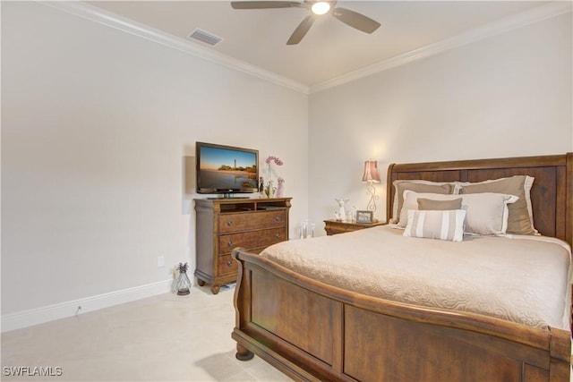 bedroom featuring ornamental molding and ceiling fan