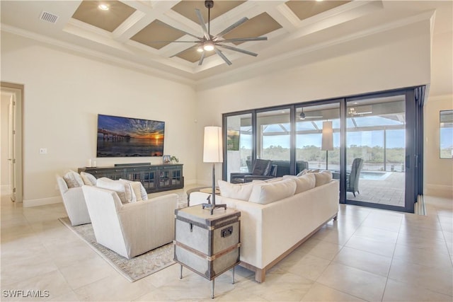 living room featuring crown molding, a towering ceiling, coffered ceiling, and beam ceiling