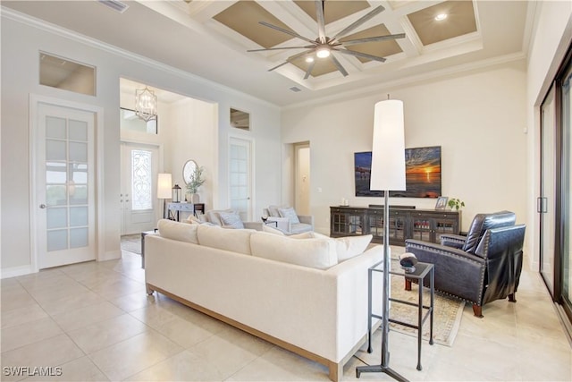 living room featuring light tile patterned floors, crown molding, a towering ceiling, coffered ceiling, and beamed ceiling