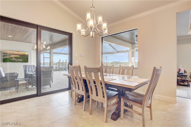 dining area with ornamental molding, lofted ceiling, and a healthy amount of sunlight