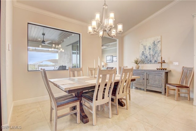 dining space with ceiling fan with notable chandelier, vaulted ceiling, and ornamental molding