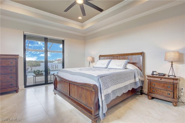 bedroom with ornamental molding, access to exterior, ceiling fan, and a tray ceiling