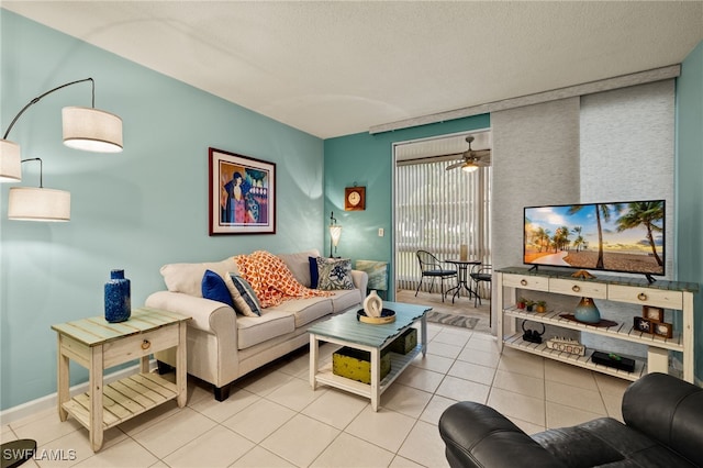 tiled living room with a textured ceiling