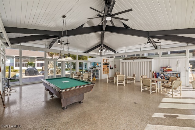 rec room with beamed ceiling, ceiling fan, high vaulted ceiling, and billiards