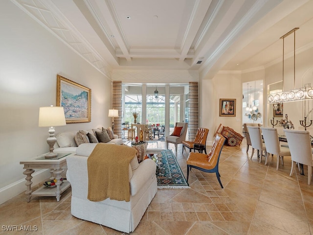 living room with coffered ceiling, ornamental molding, and beam ceiling