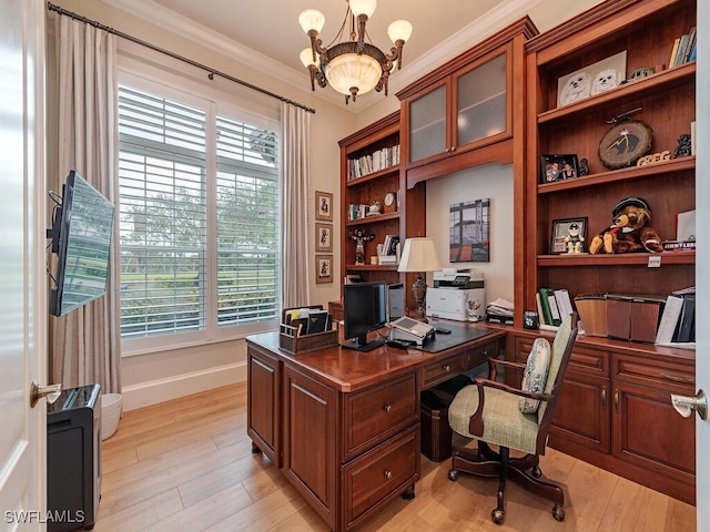 office with ornamental molding, a chandelier, and light hardwood / wood-style flooring