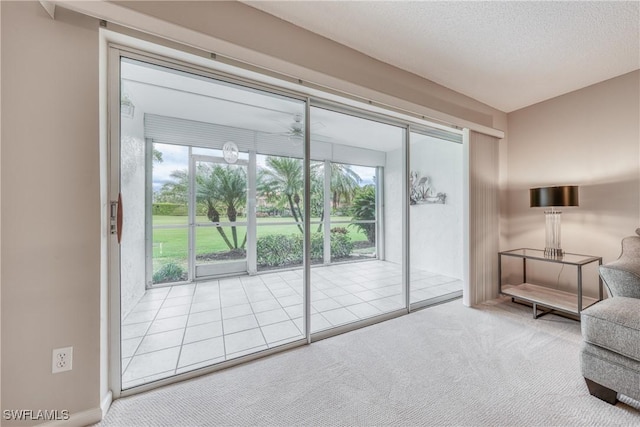 unfurnished room with carpet, a healthy amount of sunlight, and a textured ceiling