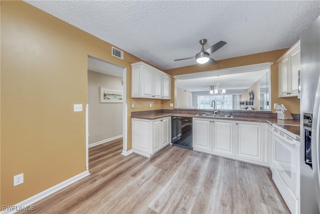 kitchen featuring white range with electric cooktop, white cabinetry, a sink, dishwasher, and a peninsula