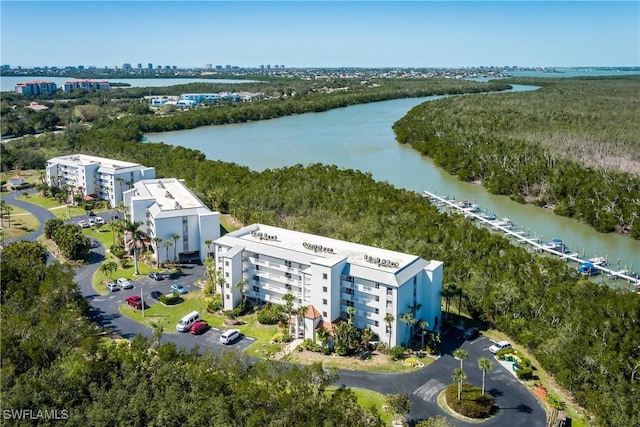 bird's eye view with a water view