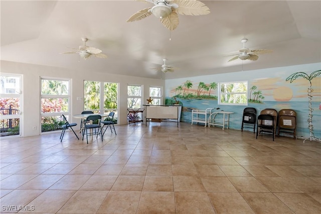 interior space featuring ceiling fan and light tile patterned flooring