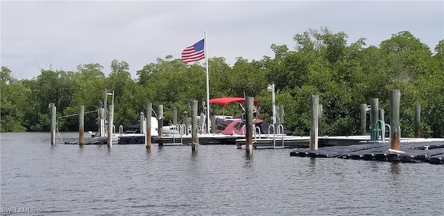 exterior space featuring a boat dock and a water view