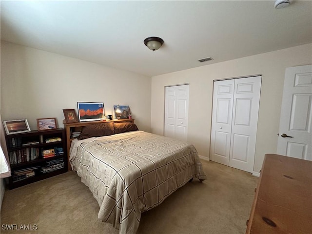 bedroom with two closets and carpet