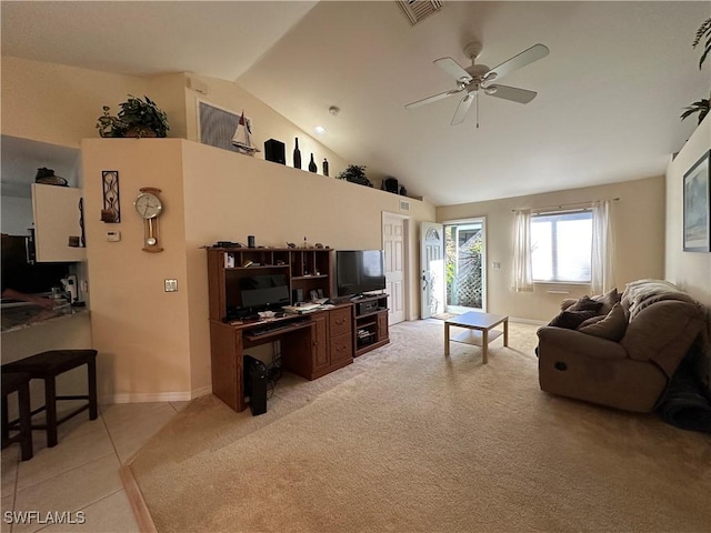 living room featuring ceiling fan, high vaulted ceiling, and light colored carpet