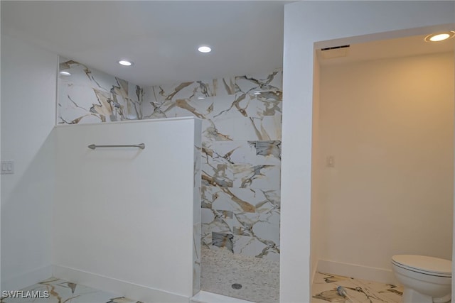 full bathroom featuring a walk in shower, marble finish floor, toilet, and recessed lighting