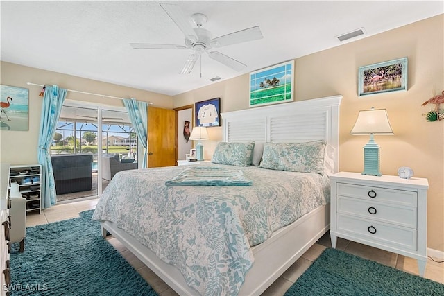 tiled bedroom featuring access to exterior and ceiling fan