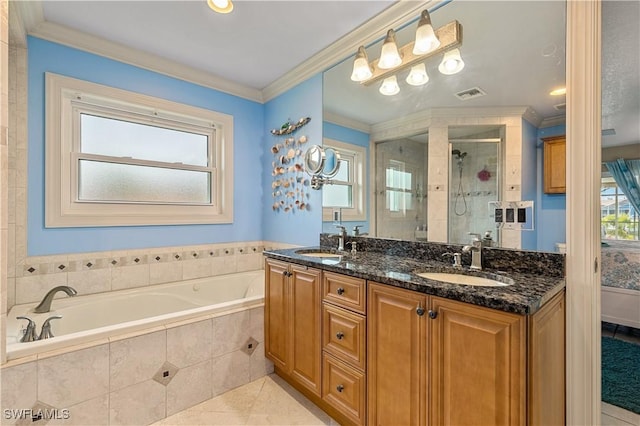 bathroom featuring tile patterned floors, ornamental molding, plus walk in shower, and vanity