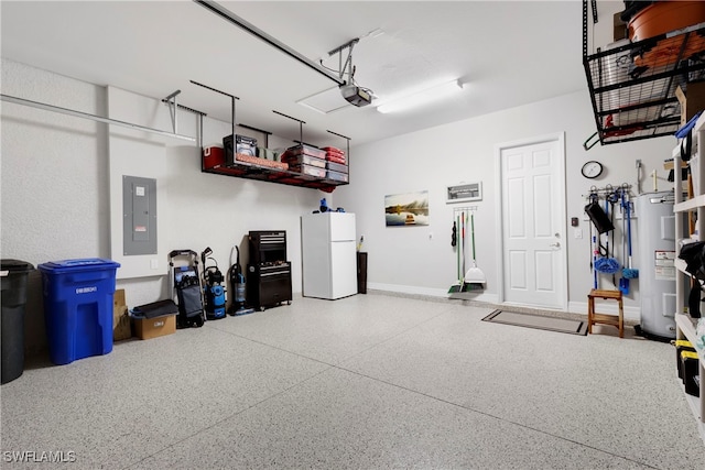 garage with water heater, white fridge, a garage door opener, and electric panel