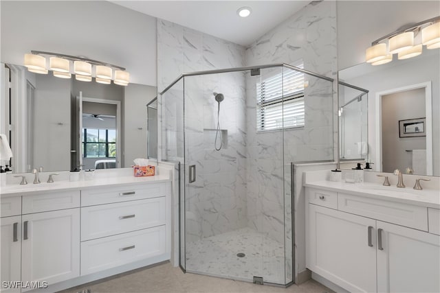 bathroom featuring vanity, plenty of natural light, and walk in shower