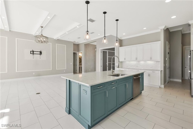 kitchen featuring a center island with sink, hanging light fixtures, sink, appliances with stainless steel finishes, and white cabinets