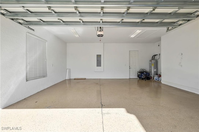 garage with electric panel, water heater, and a garage door opener