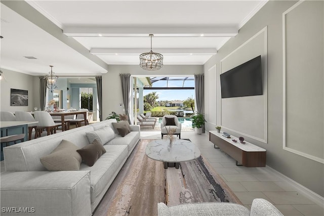 living room with light tile patterned flooring, a chandelier, and beam ceiling