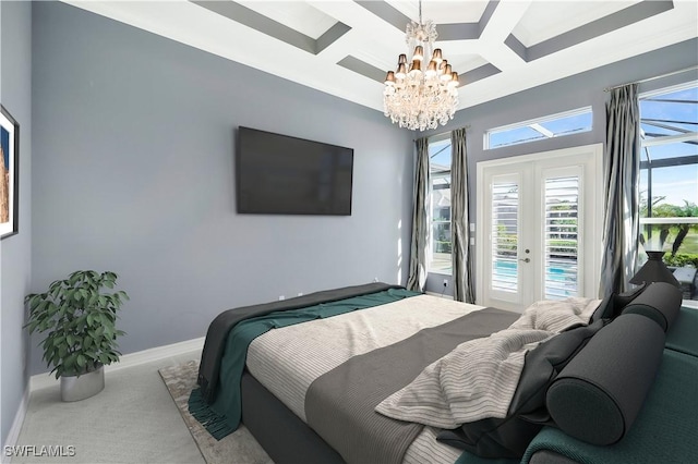 carpeted bedroom featuring beam ceiling, french doors, a chandelier, access to exterior, and coffered ceiling