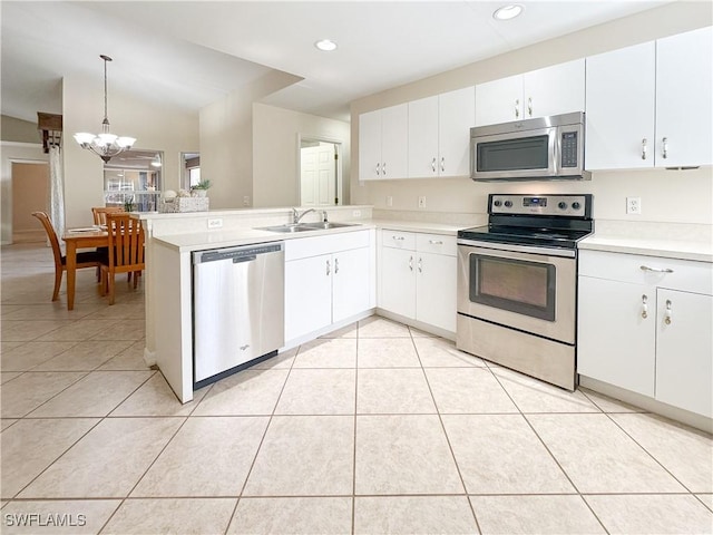 kitchen featuring appliances with stainless steel finishes, pendant lighting, white cabinetry, sink, and kitchen peninsula