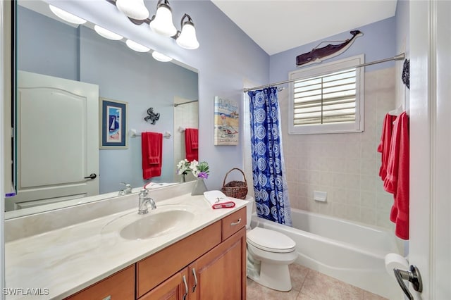 full bathroom featuring vanity, toilet, shower / tub combo, and tile patterned flooring