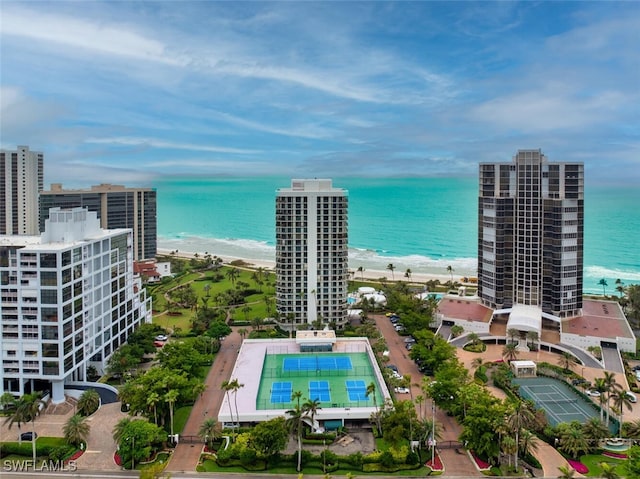 drone / aerial view with a water view and a beach view