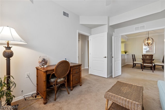 office area featuring crown molding, light carpet, and a notable chandelier