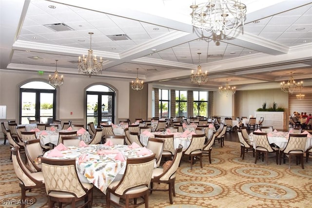 dining area featuring coffered ceiling, a notable chandelier, ornamental molding, and french doors