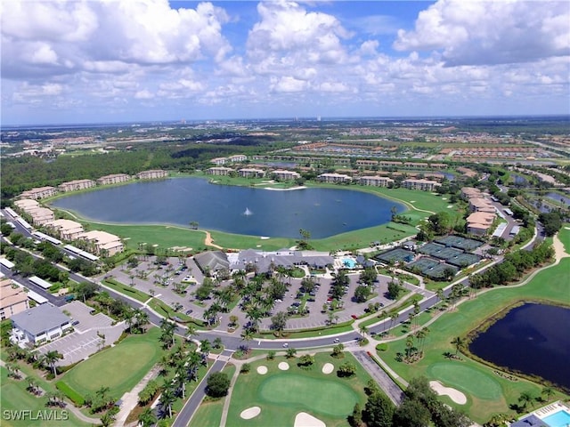 drone / aerial view with a water view