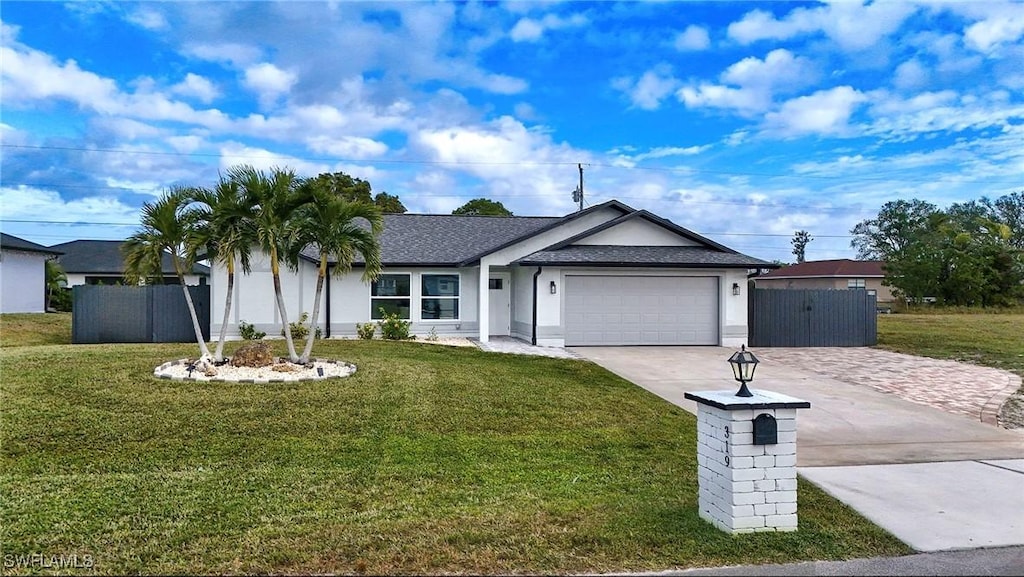 single story home featuring a garage and a front lawn