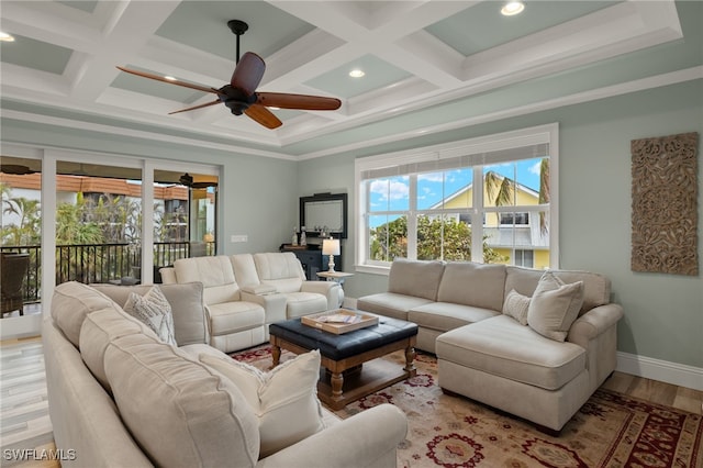 living room with beamed ceiling, ceiling fan, coffered ceiling, and light hardwood / wood-style flooring