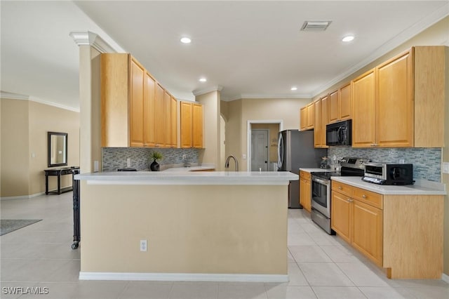 kitchen with stainless steel range with electric cooktop, tasteful backsplash, light tile patterned floors, a kitchen breakfast bar, and kitchen peninsula