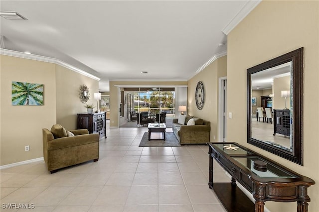 tiled living room featuring ornamental molding