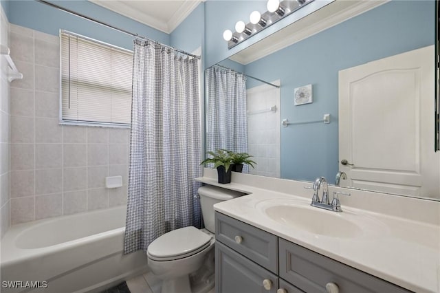 full bathroom with shower / tub combo with curtain, vanity, crown molding, and toilet