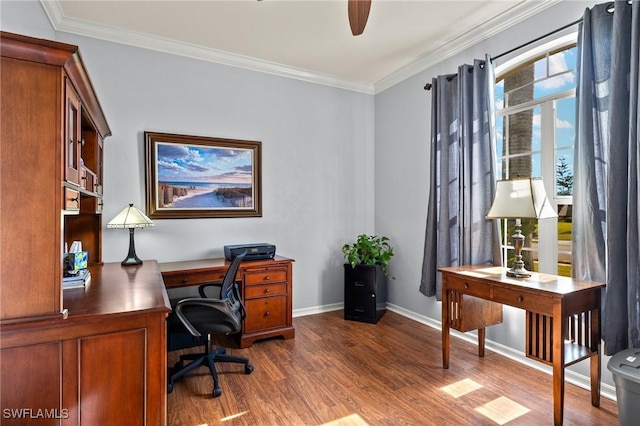 office area featuring ceiling fan, ornamental molding, and dark hardwood / wood-style flooring