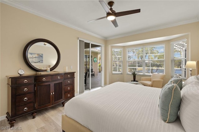 bedroom featuring ornamental molding, light wood-type flooring, access to exterior, and ceiling fan