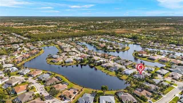 drone / aerial view featuring a water view