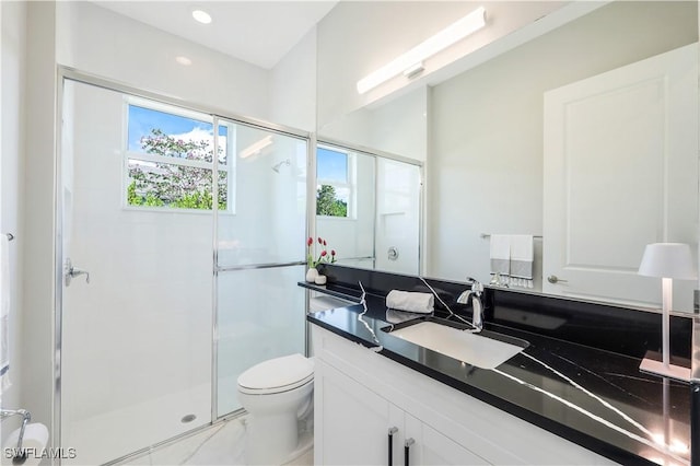 bathroom featuring vanity, an enclosed shower, and toilet