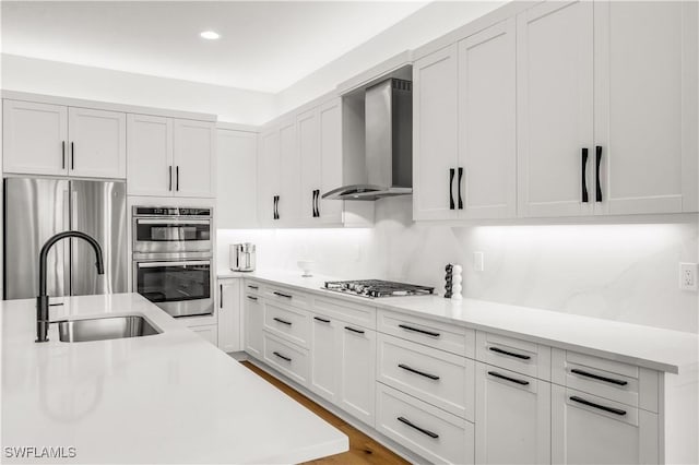 kitchen featuring wall chimney exhaust hood, sink, tasteful backsplash, appliances with stainless steel finishes, and white cabinets