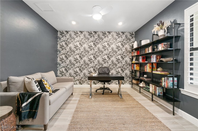 office area featuring ceiling fan and light hardwood / wood-style flooring