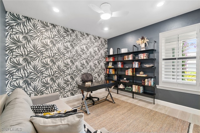 office area featuring ceiling fan and light hardwood / wood-style floors