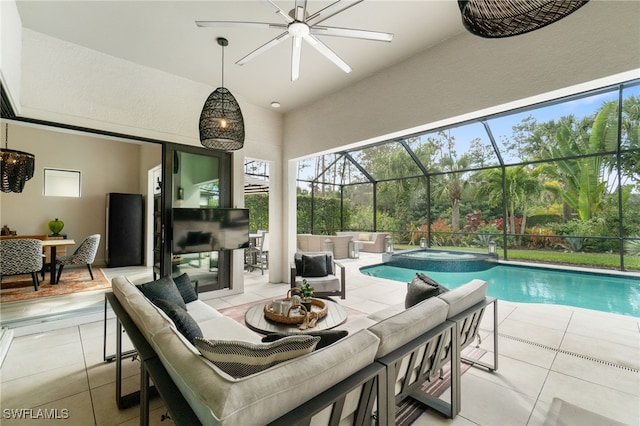 view of pool with ceiling fan, an outdoor living space, glass enclosure, and a patio