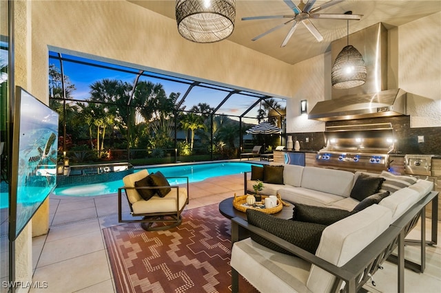 pool at dusk with ceiling fan and a grill