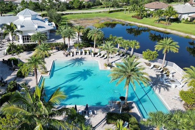 birds eye view of property featuring a water view