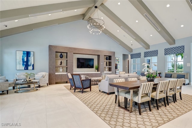 tiled dining space featuring beam ceiling, high vaulted ceiling, and a chandelier